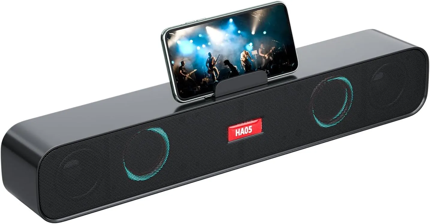 Speakers with Phone Holder - Stereo Sound Bar Speaker for Desktop/Laptop/PC/Pad/Cellphone - Colorful Lighting Soundbar - USB Powered Computer Speakers for Desktop Black A118