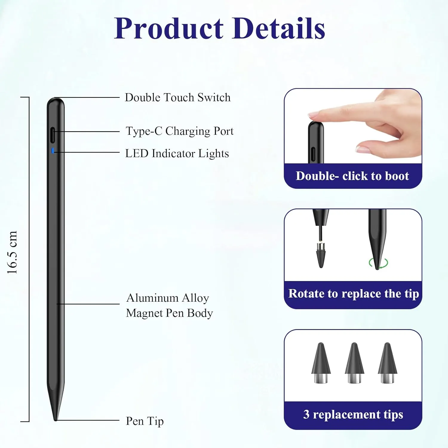 Stylus Pen for Android, CMARS POM Tip Magnetic Phone Pencil, Fine Point Stylus Pens for Touch Screens, Tablet Pen Suit with Samsung/Huawei/Vivo and Other Android Smartphone and Tablet Devices (Black)
