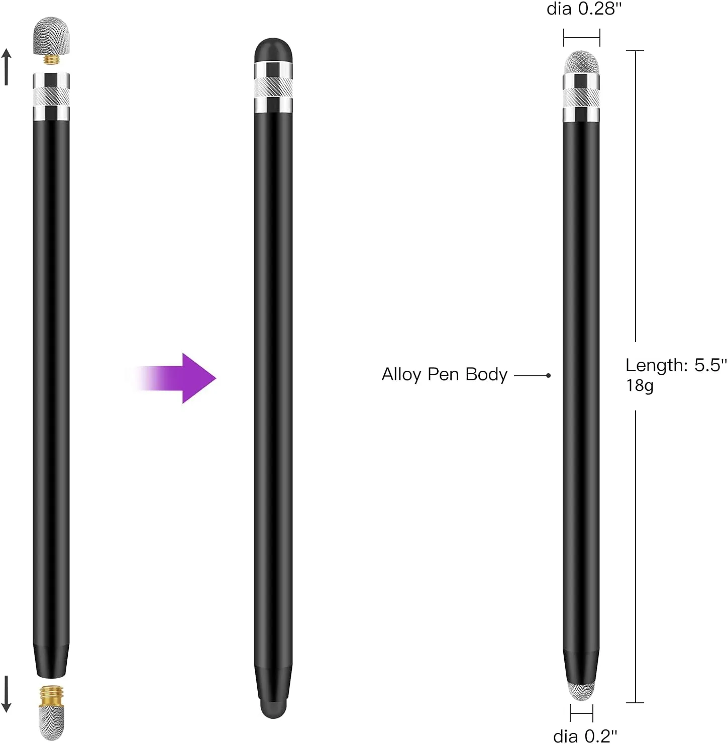 Stylus Pens for Touch Screens, 4 in 1 Sensitivity Capacitive Stylus Touch Screen Pen with 8 Extra Replaceable Tips for iPhone iPad Tablets All Universal Devices(2Pcs) (Black Purple)