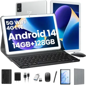 Tablet with Keyboard,2025 Android Tablets 14GB 128GB 1TB Expand, 10.1 Inch Tablet Octa-Core 2-in-1 Tablets with Incell Screen,5G WiFi & 4G LTE,7000 mAh,Face Unlock,Mouse,Case