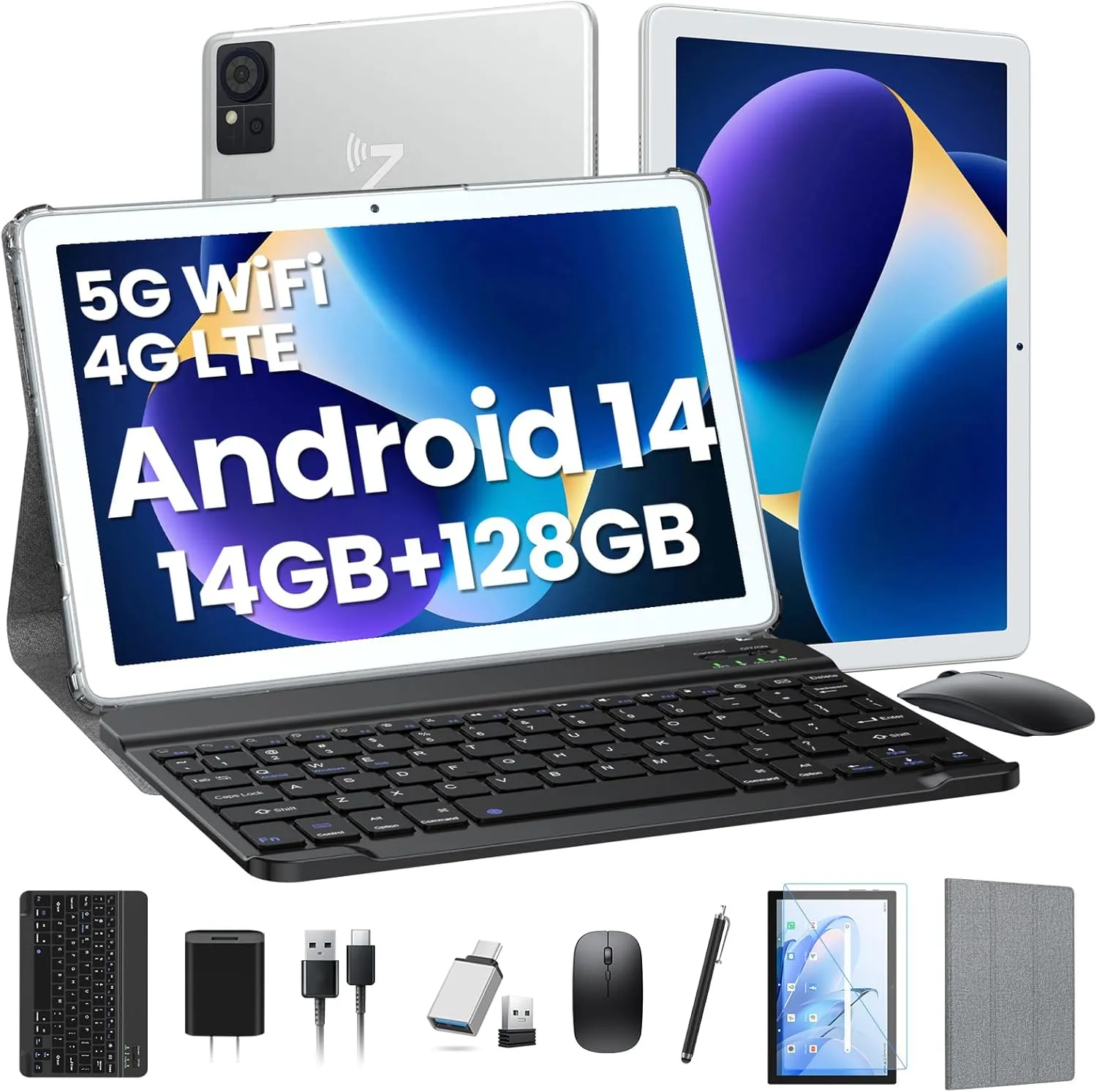 Tablet with Keyboard,2025 Android Tablets 14GB 128GB 1TB Expand, 10.1 Inch Tablet Octa-Core 2-in-1 Tablets with Incell Screen,5G WiFi & 4G LTE,7000 mAh,Face Unlock,Mouse,Case