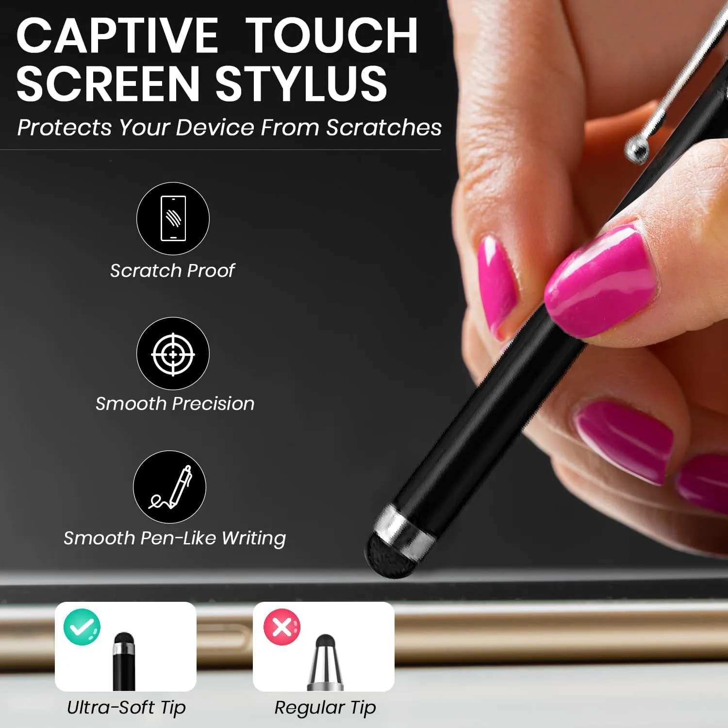 TCD 10-Pack Stylus Pen Set  Universal Capacitive Pen for iPad, iPhone, Tablet, Laptop  Premium Thick Rubber Tip Styluses for All Touchscreen Devices, Black