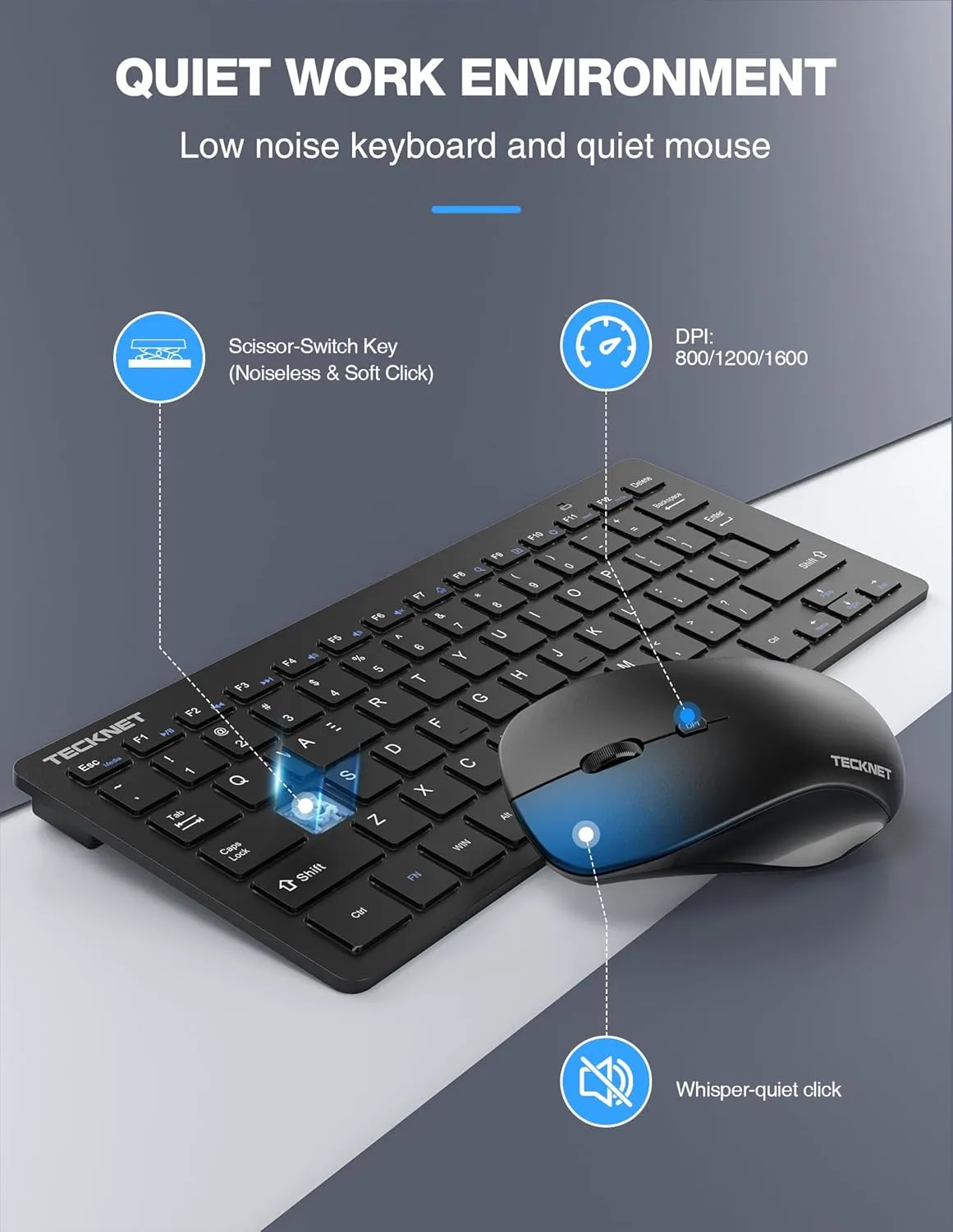 TECKNET Wireless Keyboard and Mouse Combo, Mini Cordless Computer Keyboard and Mouse Set 2.4GHz, Silent Adjustable 1600 DPI, Quiet Click, Lag-Free for Computer, Laptop, PC, Windows, Mac, Chrome OS
