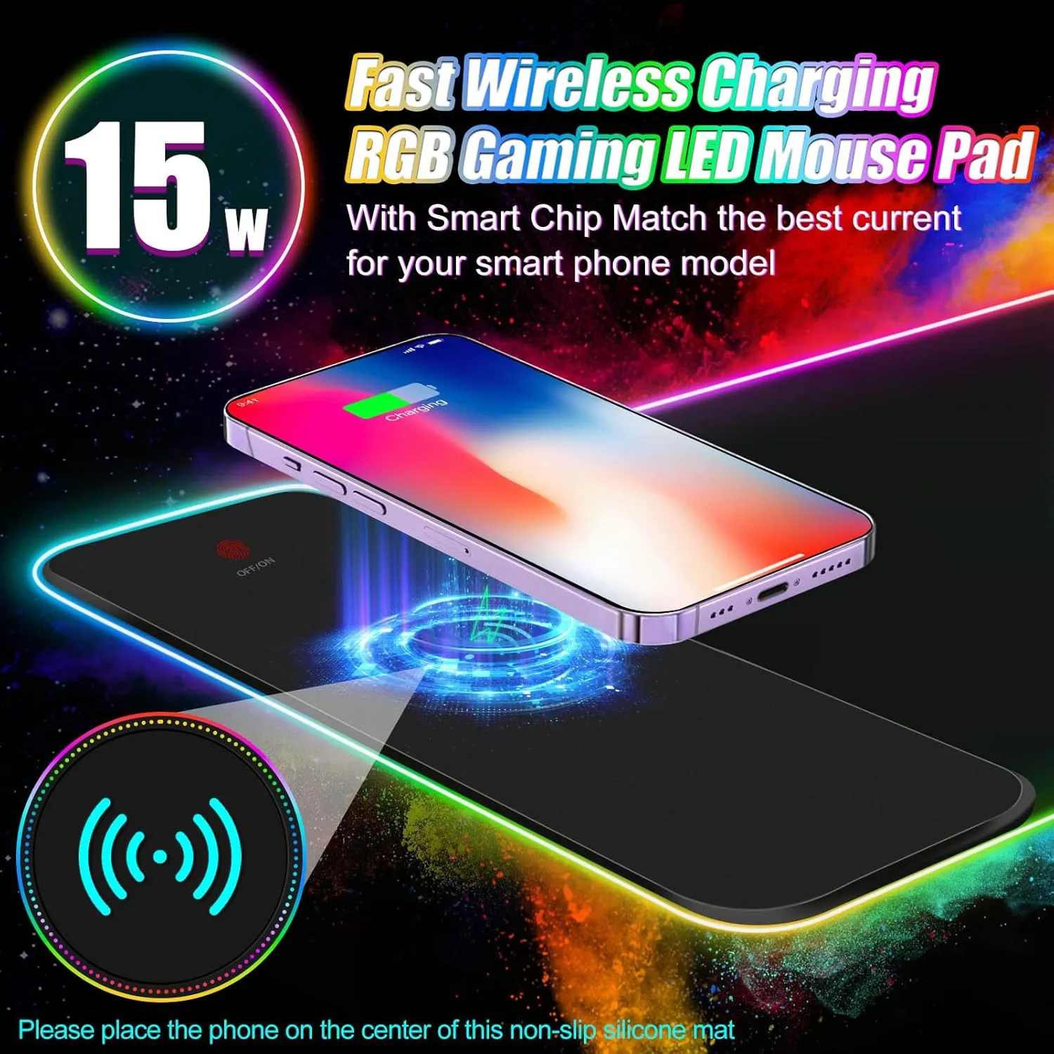 ToLuLu Wireless Charging RGB Gaming Mouse Pad, 15W LED Mouse Mat with 30W Charger, 14 Light Modes Large Mousepad Wrist Support, Non-Slip Rubber Base Desk Mat Computer PC Keyboard Pad XXL, Cool Black