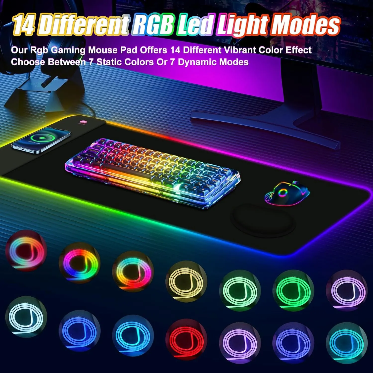ToLuLu Wireless Charging RGB Gaming Mouse Pad, 15W LED Mouse Mat with 30W Charger, 14 Light Modes Large Mousepad Wrist Support, Non-Slip Rubber Base Desk Mat Computer PC Keyboard Pad XXL, Cool Black