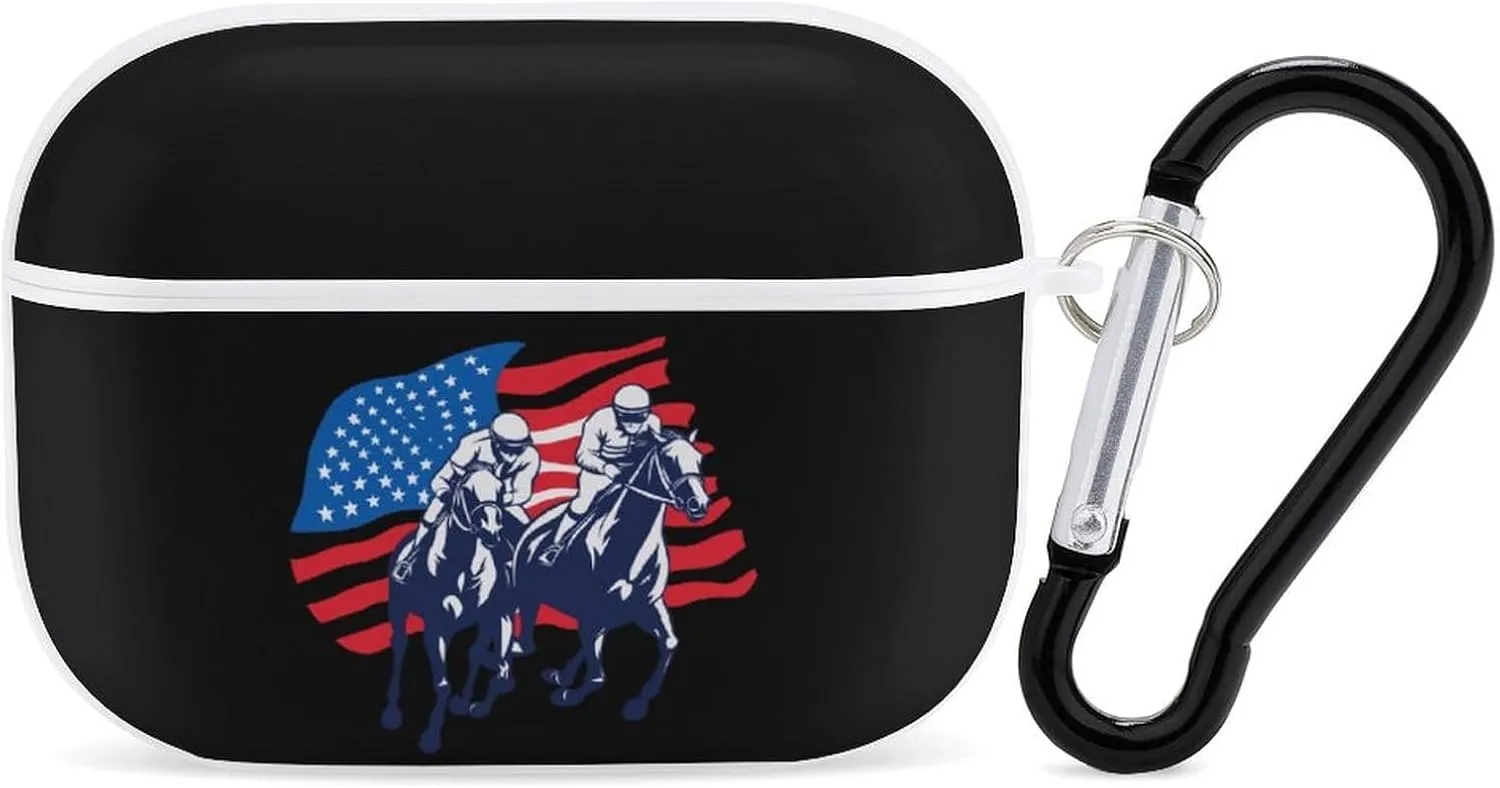 USA Flag Horse Racing Equestrian Earbud Case Bluetooth Headphone Case Full Protective Case with Keychain Compatible with Airpods Pro White-Style