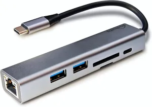 USB-C Ethernet Adapter with 100W Charging & Multiport Hub - Gigabit Ethernet, USB 3.0, SD/FT for Laptops, MacBooks, Chromebooks & More