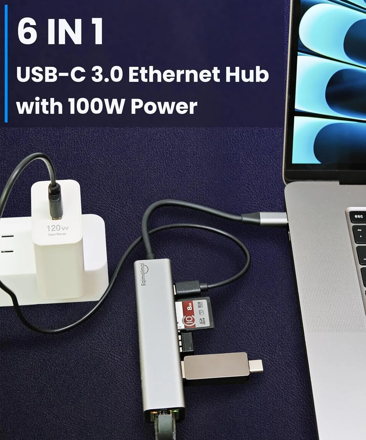 USB-C Ethernet Adapter with 100W Charging & Multiport Hub - Gigabit Ethernet, USB 3.0, SD/FT for Laptops, MacBooks, Chromebooks & More