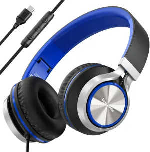 USB C Headphones with Mic and Volume Control, Over Ear Stereo Headsets for iPhone 15 16 Pro, Wired Foldable Headphones for Smartphones Chromebook Laptop Tablets Travel(Black/Blue)