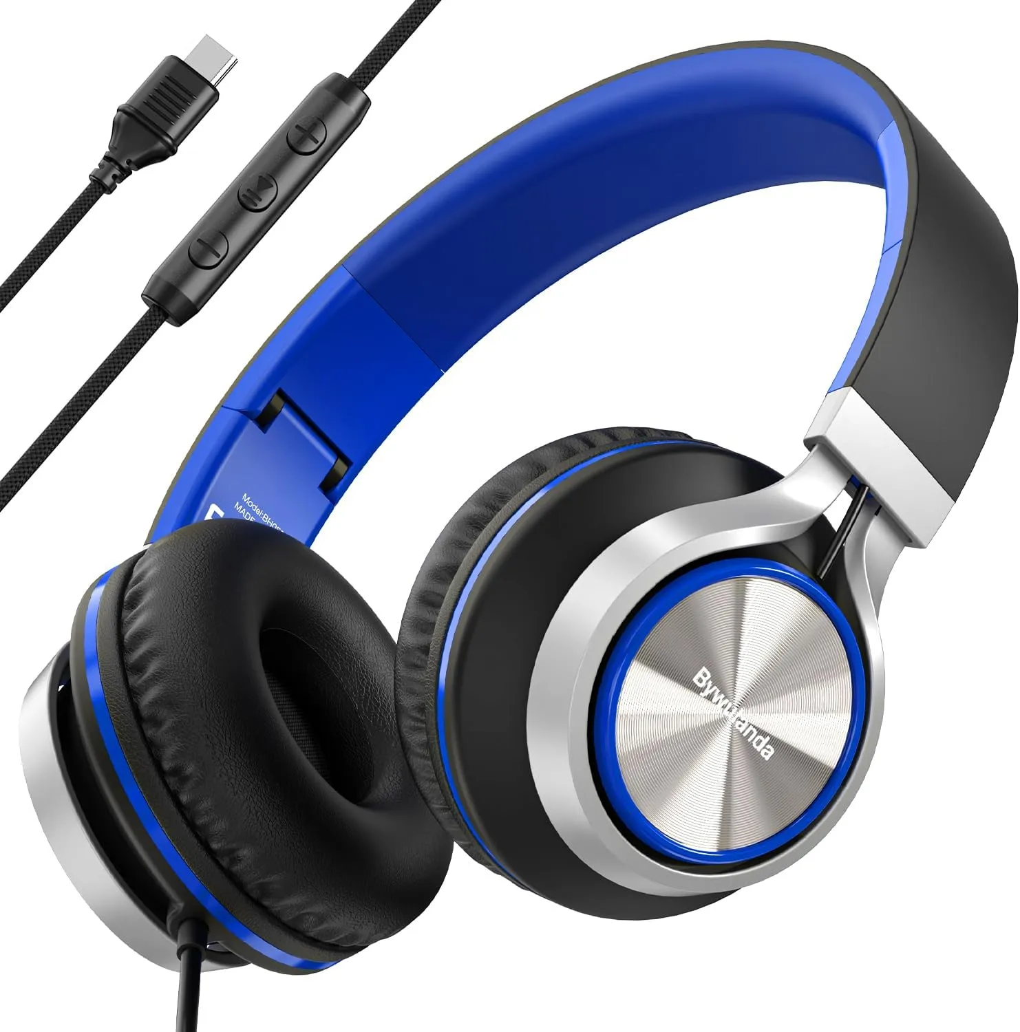 USB C Headphones with Mic and Volume Control, Over Ear Stereo Headsets for iPhone 15 16 Pro, Wired Foldable Headphones for Smartphones Chromebook Laptop Tablets Travel(Black/Blue)
