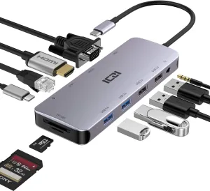 USB C Multiport Hub, ICZI 11 in 1 Type C Adapter with Ethernet Port, 4K HDMI, VGA, USB 3.0 Ports, 100W Power Delivery Charging, SD/TF Card Reader for MacBook Pro Air, Laptops, Logitech Webcam