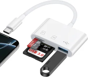 USB C SD Card Reader Adapter for iPhone 16 Pro Max Plus/16e/16 Plus/15,3 in 1 USB-C Memory Trail Digital Camera Card Adapter with SD/Micro SD Card &USB Port for Samsung Galaxy S25 Edge S24,Pixel 9a/8