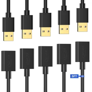USB Extender Cord 5FT(5 Pack), USB 2.0 Extension Cable, USB A Male to Female, Compatible for USB Flash Drive, Hard Drive, Card Reader, Webcam, Printer, Keyboard, Mouse, Playstation, Xbox, VR Headset