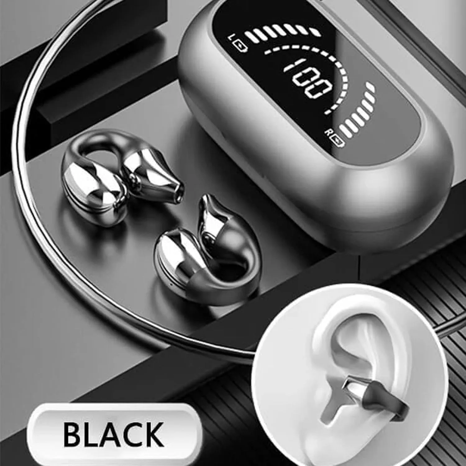Vital Earbuds Pro,2025 New Upgraded Wireless Ear Clip Bone Conduction Headphones, Morrat Ear Clip Headphones, V5.2 Chip, LED Intelligent Display, Waterproof Noise Cancelling Earbud for Sport(2*Black)