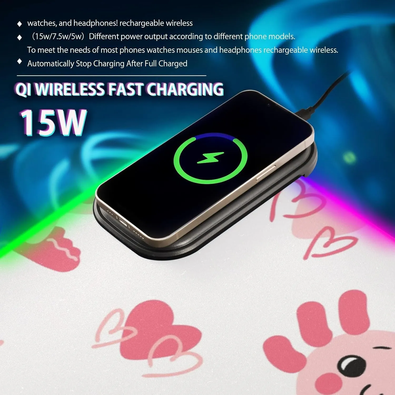 VKPSCHJ Mouse Pad with Wireless Charger 15W Extra Large for Gaming,Axolotl Baby PC,Laptop,Desk, Love You Alotl RGB Glowing Computer Keyboard Mats Pads Non-Slip for Home & Office