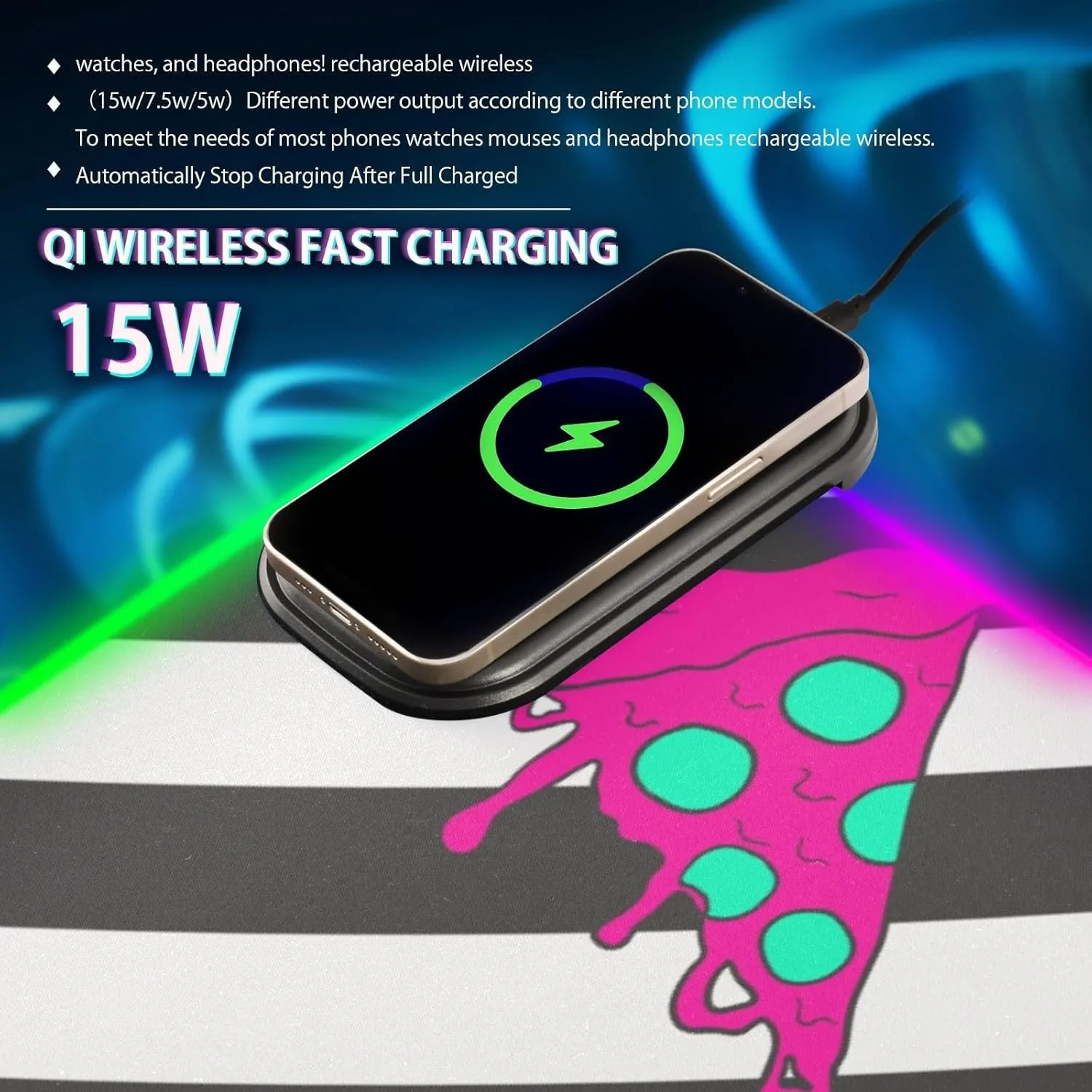 VKPSCHJ Mouse Pad with Wireless Charger 15W Extra Large for Gaming,Colorful Pizza Slices PC,Laptop,Desk, Pop Art Striped RGB Glowing Computer Keyboard Mats Pads Non-Slip for Home & Office