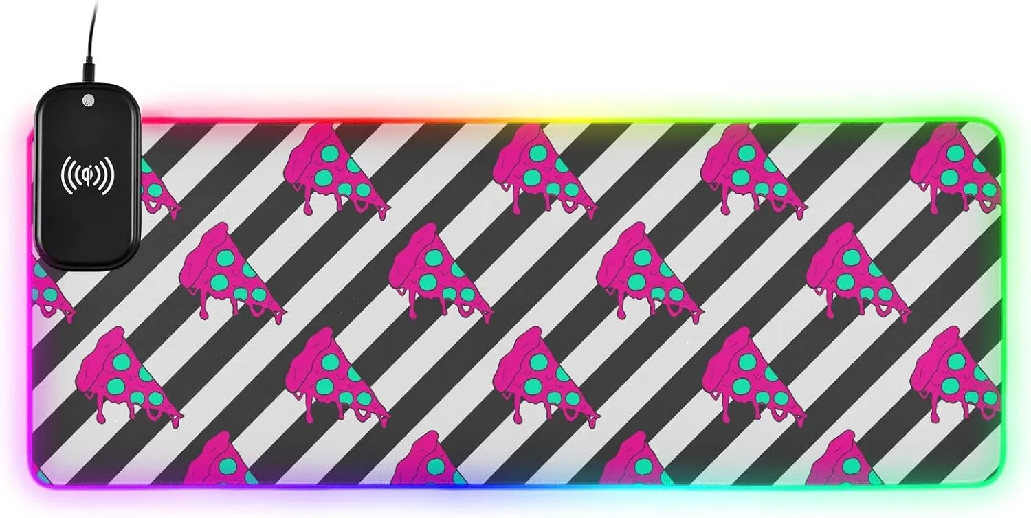 VKPSCHJ Mouse Pad with Wireless Charger 15W Extra Large for Gaming,Colorful Pizza Slices PC,Laptop,Desk, Pop Art Striped RGB Glowing Computer Keyboard Mats Pads Non-Slip for Home & Office
