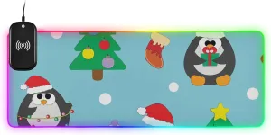 VKPSCHJ Mouse Pad with Wireless Charger 15W Extra Large for Gaming,Cute Cartoon Christmas Penguin PC,Laptop,Desk, Snow RGB Glowing Computer Keyboard Mats Pads Non-Slip for Home & Office