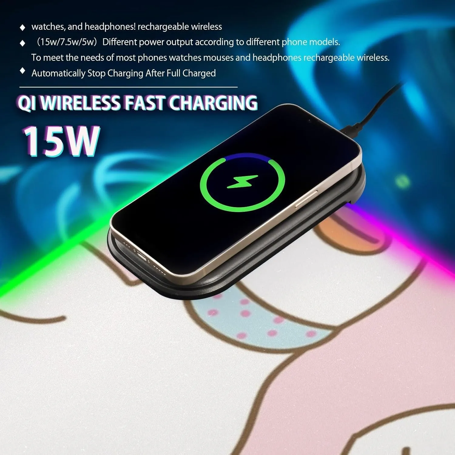 VKPSCHJ Mouse Pad with Wireless Charger 15W Extra Large for Gaming,Cute Geese Duck Pattern PC,Laptop,Desk, RGB Glowing Computer Keyboard Mats Pads Non-Slip for Home & Office