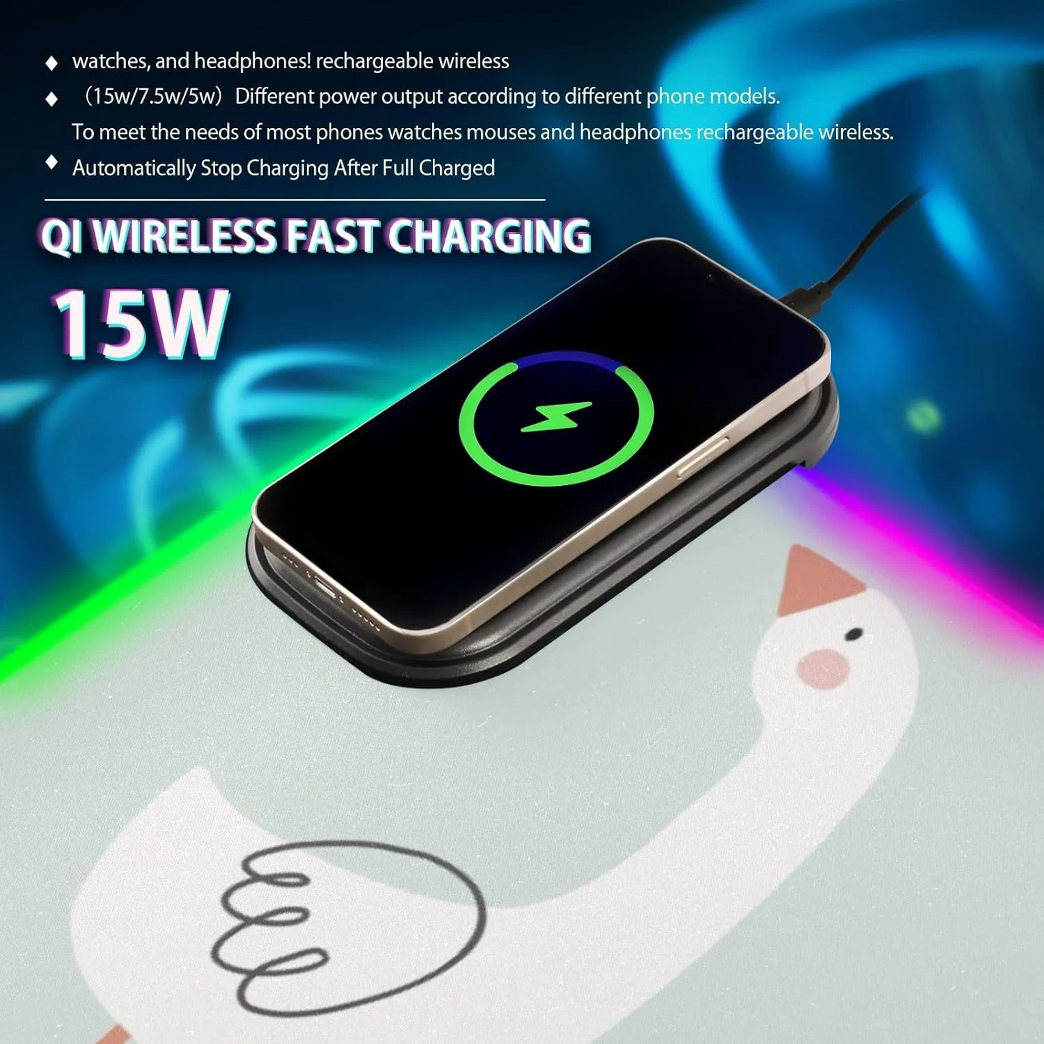 VKPSCHJ Mouse Pad with Wireless Charger 15W Extra Large for Gaming,Cute Goose PC,Laptop,Desk, Hand Drawn RGB Glowing Computer Keyboard Mats Pads Non-Slip for Home & Office
