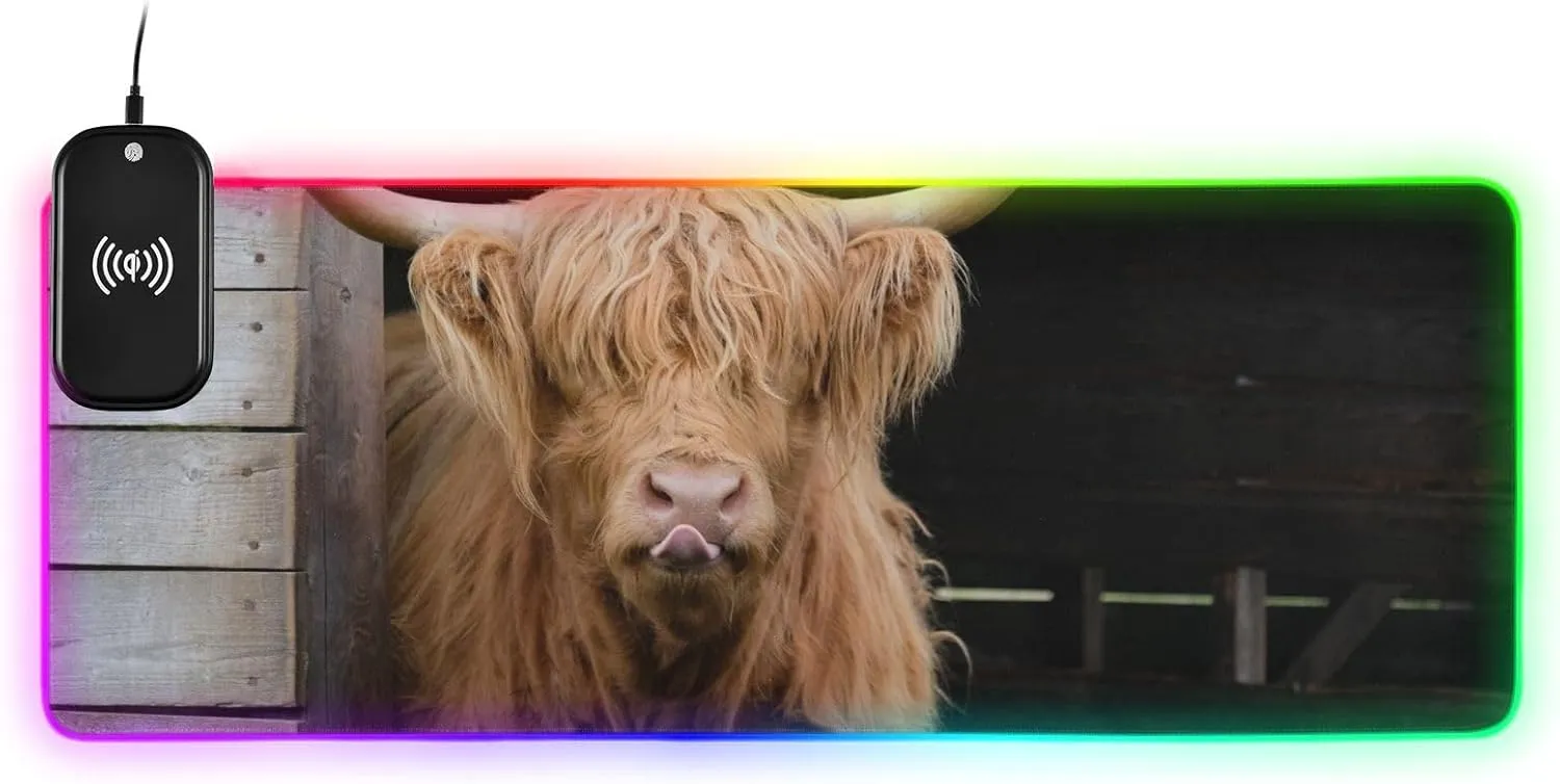 VKPSCHJ Mouse Pad with Wireless Charger 15W Extra Large for Gaming,Highland Cow PC,Laptop,Desk, Funny Face RGB Glowing Computer Keyboard Mats Pads Non-Slip for Home & Office