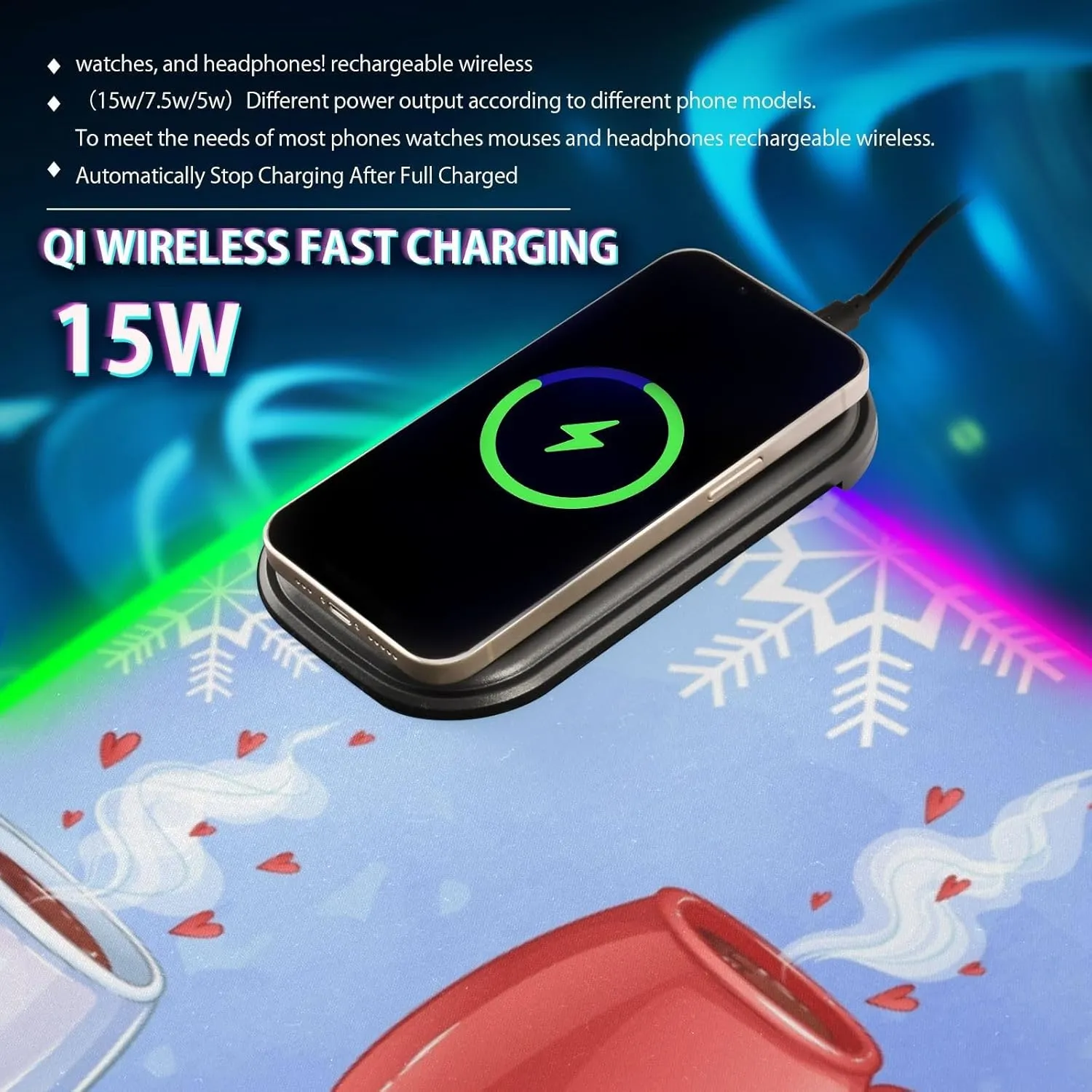 VKPSCHJ Mouse Pad with Wireless Charger 15W Extra Large for Gaming,Mugs with Hot Drink PC,Laptop,Desk, Red Hearts and Snowflakes RGB Glowing Computer Keyboard Mats Pads Non-Slip for Home & Office