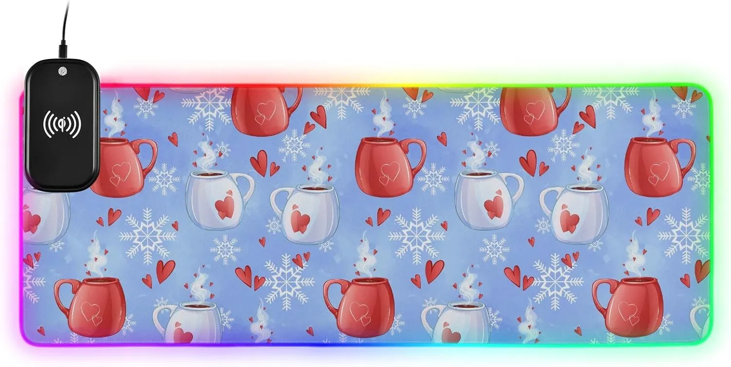 VKPSCHJ Mouse Pad with Wireless Charger 15W Extra Large for Gaming,Mugs with Hot Drink PC,Laptop,Desk, Red Hearts and Snowflakes RGB Glowing Computer Keyboard Mats Pads Non-Slip for Home & Office
