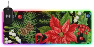 VKPSCHJ Mouse Pad with Wireless Charger 15W Extra Large for Gaming,Winter Plants PC,Laptop,Desk, Merry Christmas RGB Glowing Computer Keyboard Mats Pads Non-Slip for Home & Office