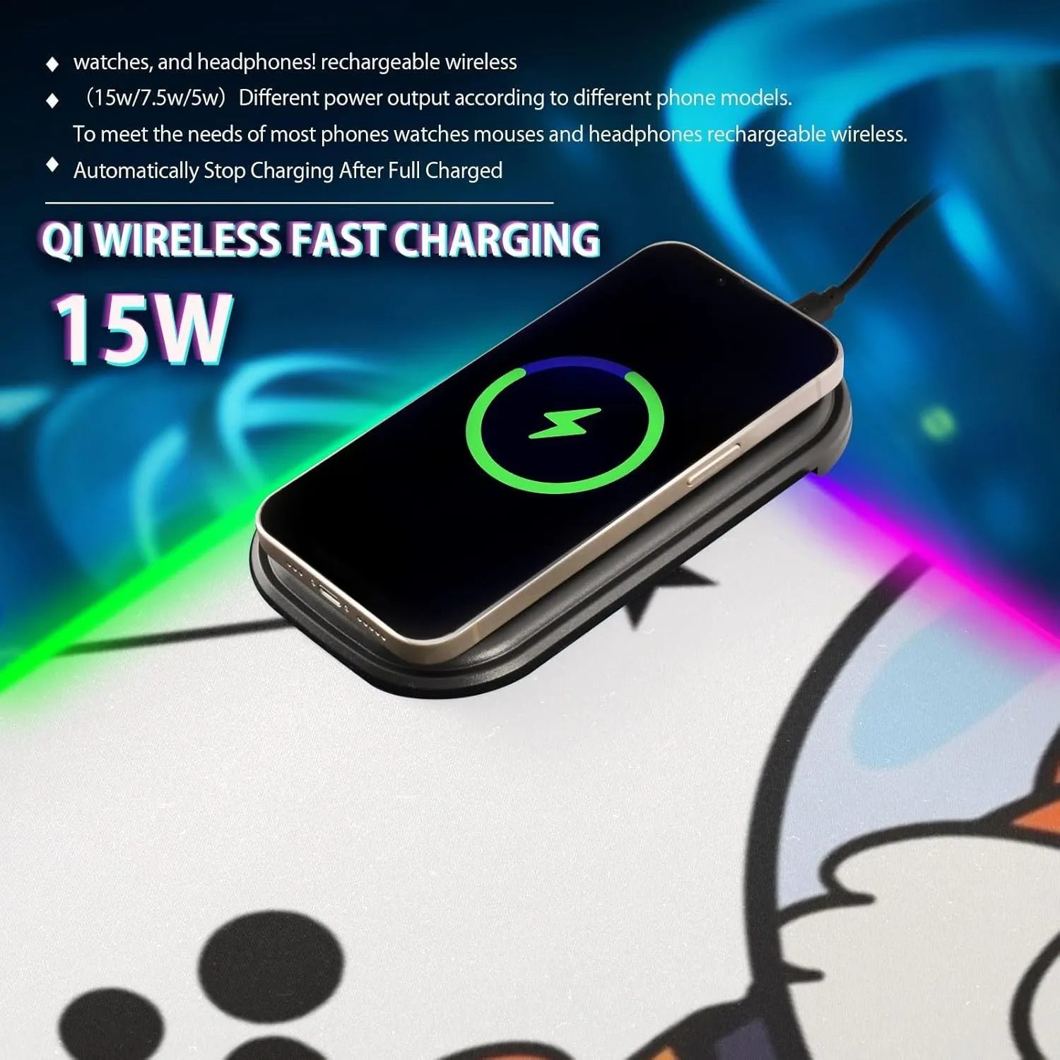 VKPSCHJ Mouse Pad with Wireless Charger 15W Large for Gaming,Corgi Dog in Space PC,Laptop,Desk, Cute RGB Glowing Computer Keyboard Mats Pads Non-Slip for Home & Office