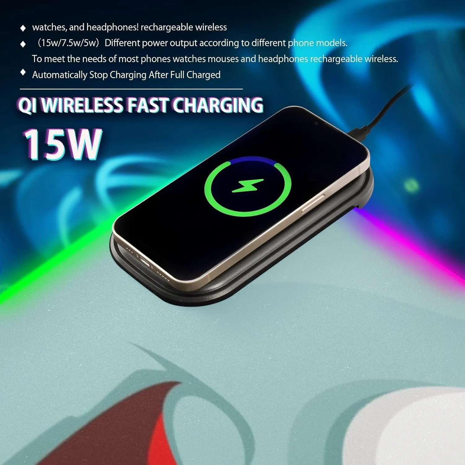 VKPSCHJ Mouse Pad with Wireless Charger 15W Large for Gaming,Cute Red Eyes PC,Laptop,Desk, Monster Face RGB Glowing Computer Keyboard Mats Pads Non-Slip for Home & Office