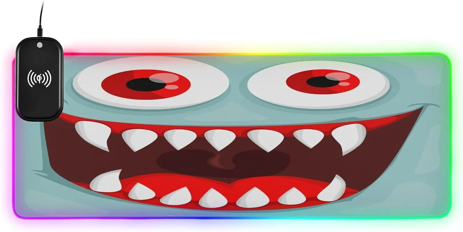 VKPSCHJ Mouse Pad with Wireless Charger 15W Large for Gaming,Cute Red Eyes PC,Laptop,Desk, Monster Face RGB Glowing Computer Keyboard Mats Pads Non-Slip for Home & Office