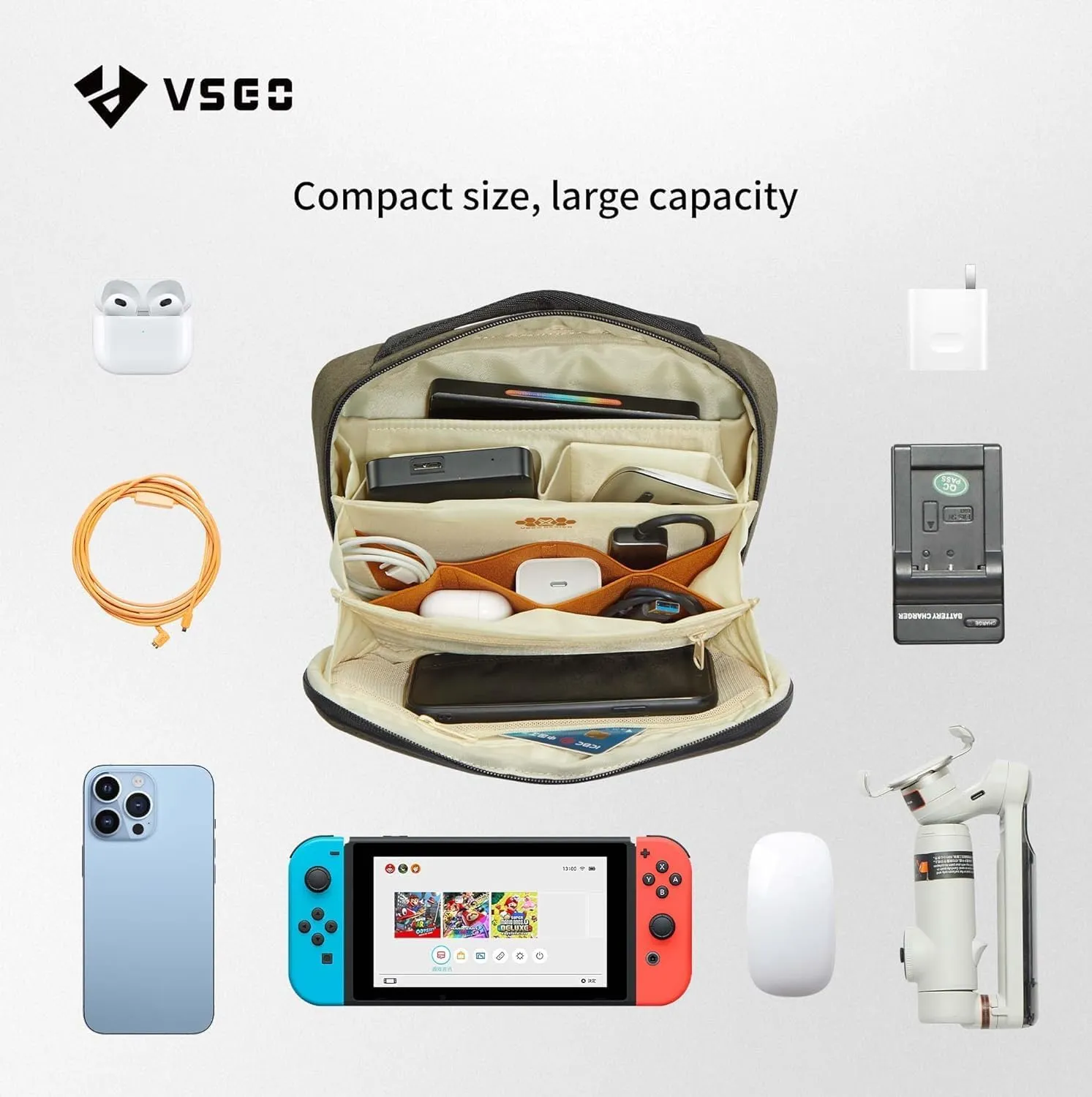 VSGO Tech Accessories Pouch Waterproof Small Travel Bag Accessories Holder Pouch Carrying Case for Electronic Accessories Light/Charger/Battery/SD Card etc Green-S