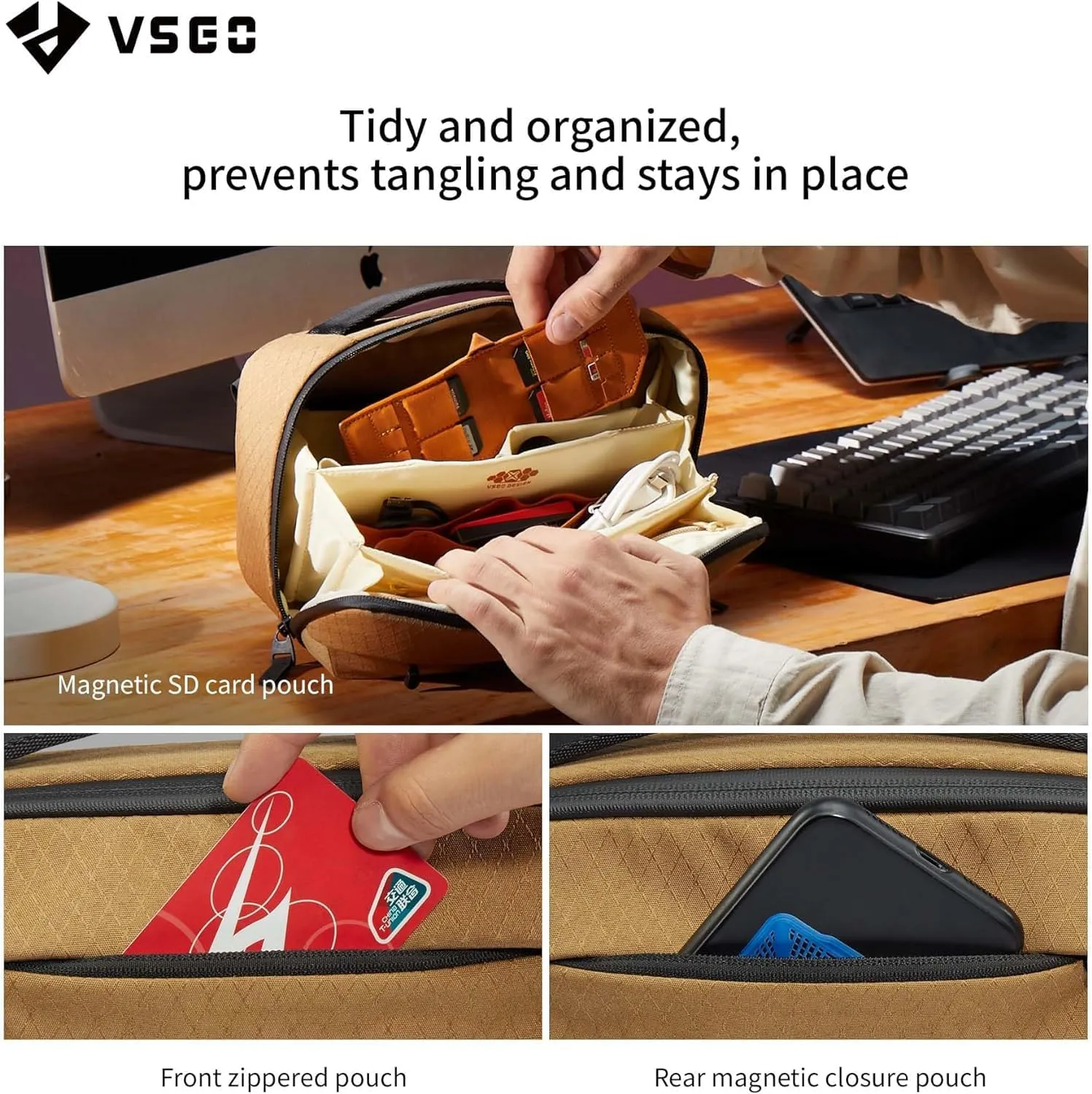 VSGO Tech Accessories Pouch Waterproof Small Travel Bag Accessories Holder Pouch Carrying Case for Electronic Accessories Light/Charger/Battery/SD Card etc Yellow-L