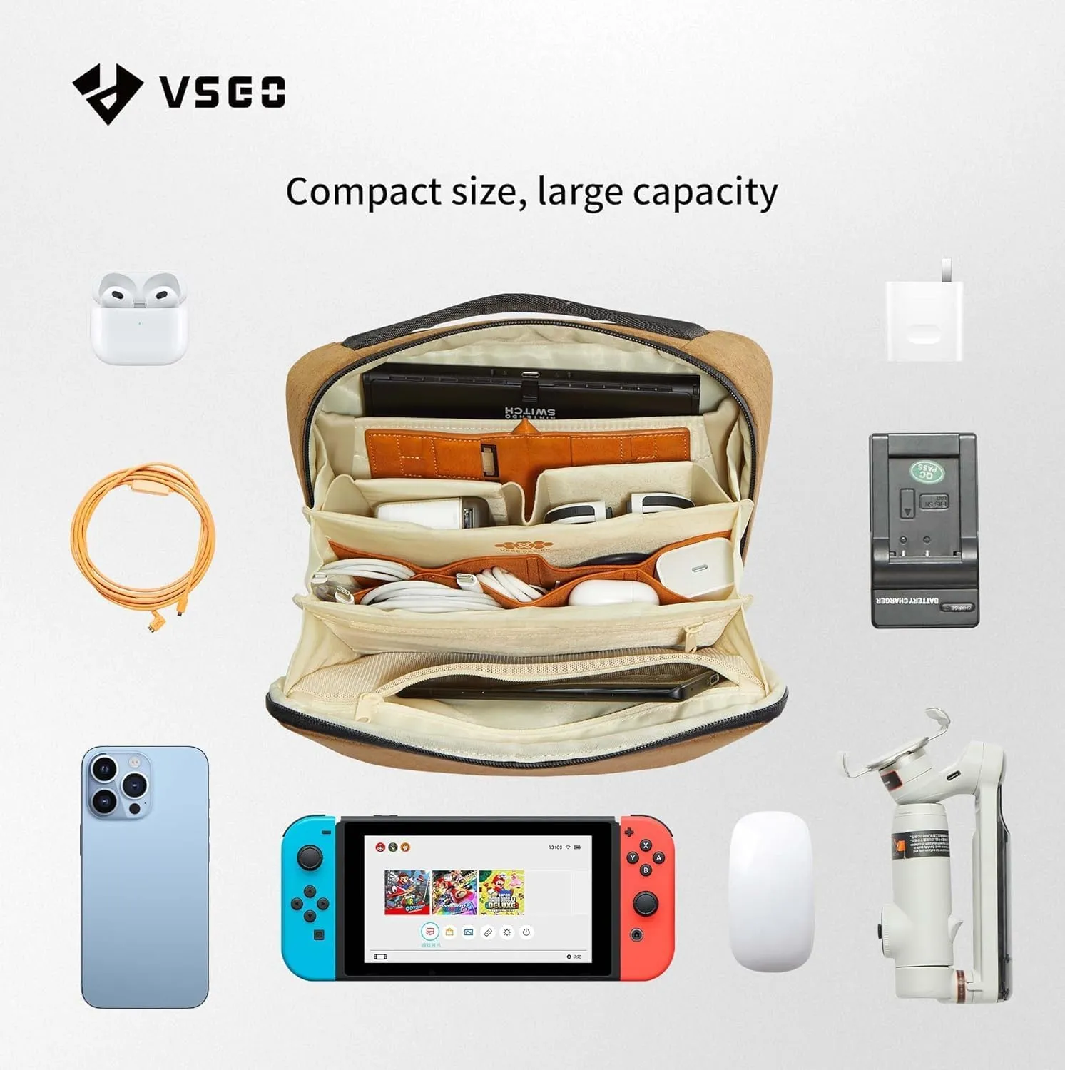 VSGO Tech Accessories Pouch Waterproof Small Travel Bag Accessories Holder Pouch Carrying Case for Electronic Accessories Light/Charger/Battery/SD Card etc Yellow-L
