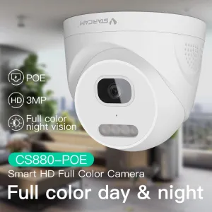 VStarcam CS880-POE 3MP Color Night Vision CCTV Camera POE 24/7 Dome Security Surveillance Dome Home Security Camera