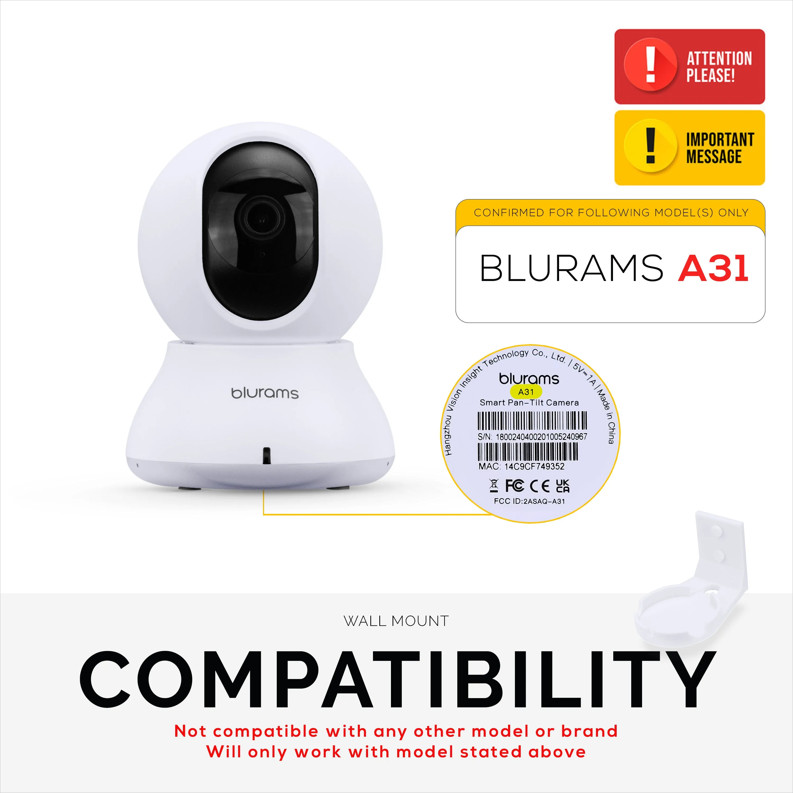 Wall Mount for Blurams A31 2K Security Camera, Adhesive Security Camera Holder Bracket, Reduce Blind Spots & Clutter, Adhesive & Screw-In Mounting
