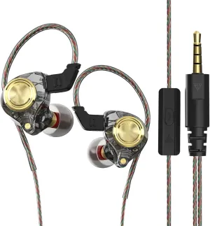 Wired Earbuds with Microphone Heavy Bass Zero Latency Wired IEM Earbuds with Mic Audiophile IEM Headset w 3.5mm Jack CABLEDUCK QKZ (with Mic, Transparent Black with Gold)