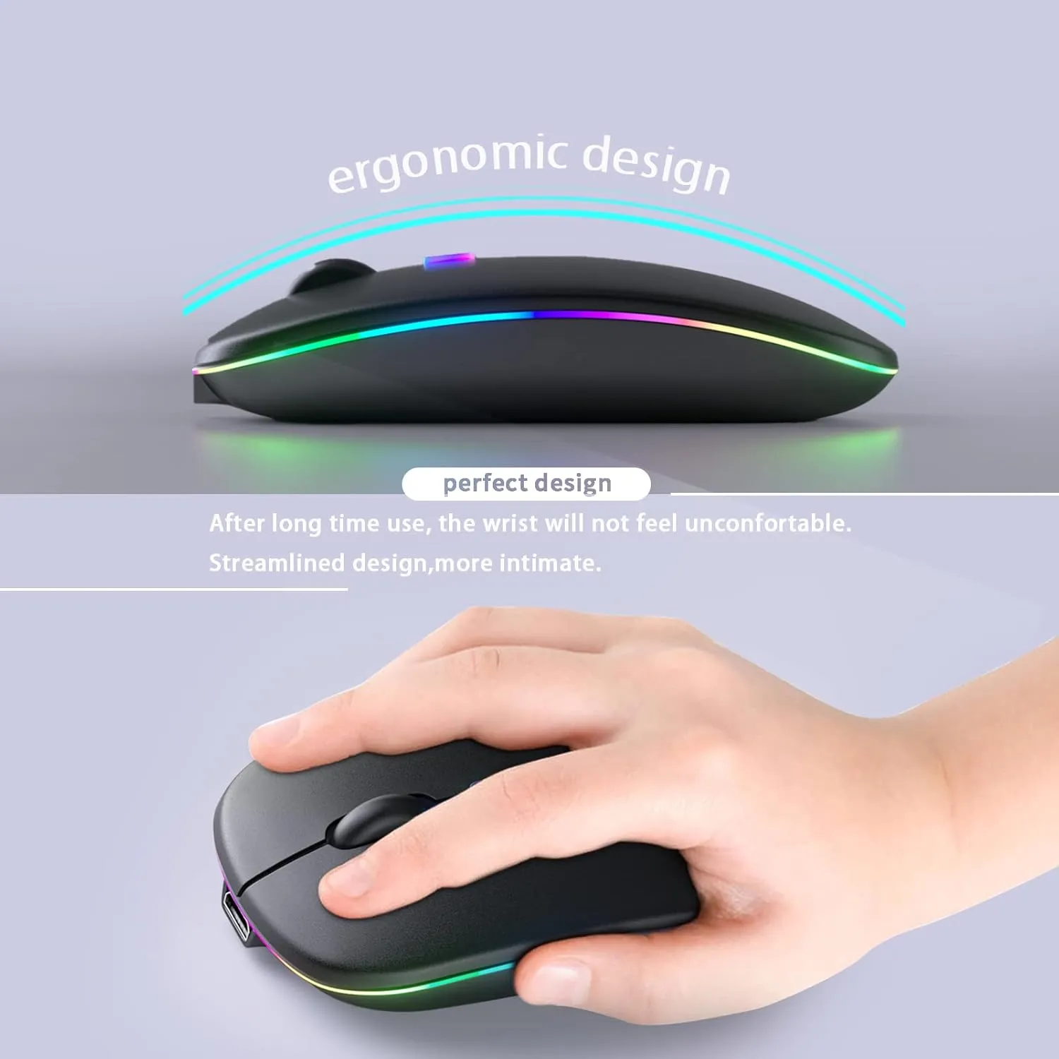 Wireless Bluetooth Mouse  Rechargeable, Silent, Dual Mode (Bluetooth 5.2 & USB) with LED Lights  Portable for Laptop, Desktop, & Tablet(Black)