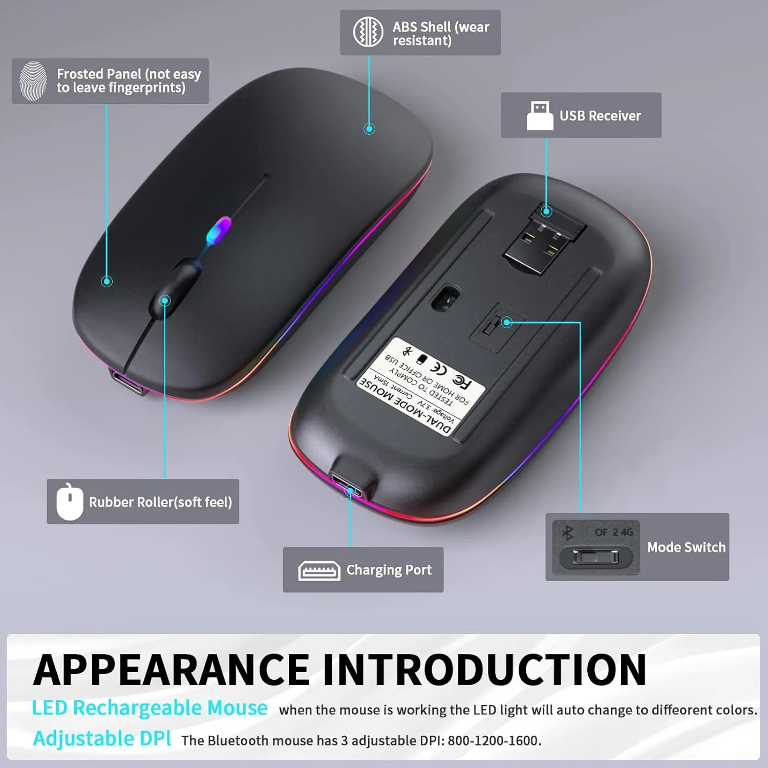 Wireless Bluetooth Mouse  Rechargeable, Silent, Dual Mode (Bluetooth 5.2 & USB) with LED Lights  Portable for Laptop, Desktop, & Tablet(Black)
