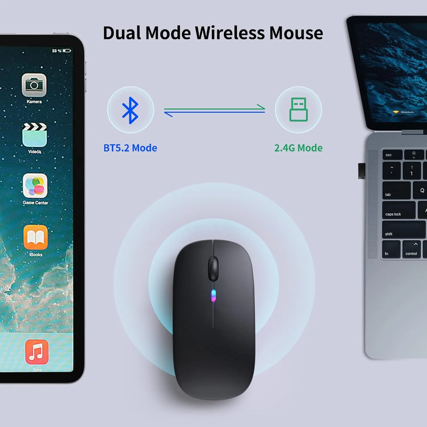 Wireless Bluetooth Mouse  Rechargeable, Silent, Dual Mode (Bluetooth 5.2 & USB) with LED Lights  Portable for Laptop, Desktop, & Tablet(Black)