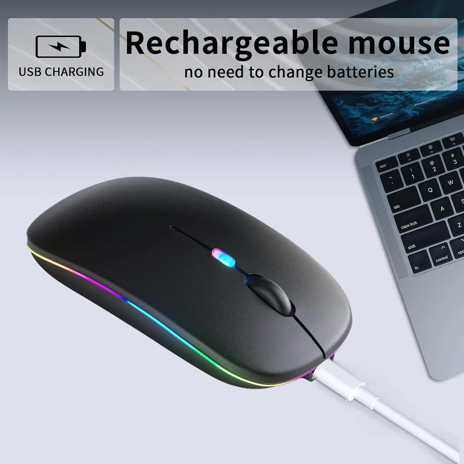 Wireless Bluetooth Mouse  Rechargeable, Silent, Dual Mode (Bluetooth 5.2 & USB) with LED Lights  Portable for Laptop, Desktop, & Tablet(Black)