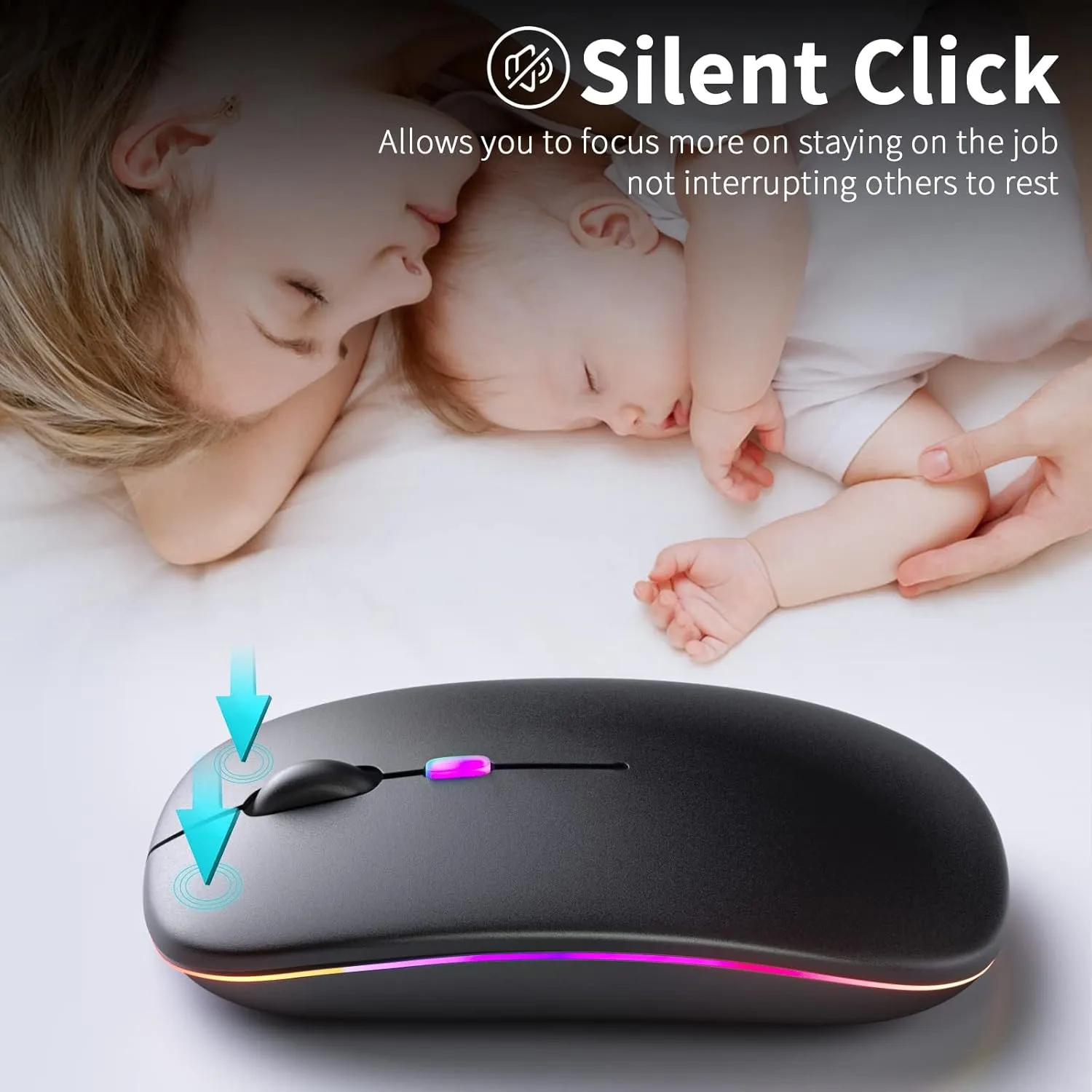 Wireless Bluetooth Mouse  Rechargeable, Silent, Dual Mode (Bluetooth 5.2 & USB) with LED Lights  Portable for Laptop, Desktop, & Tablet(Black)