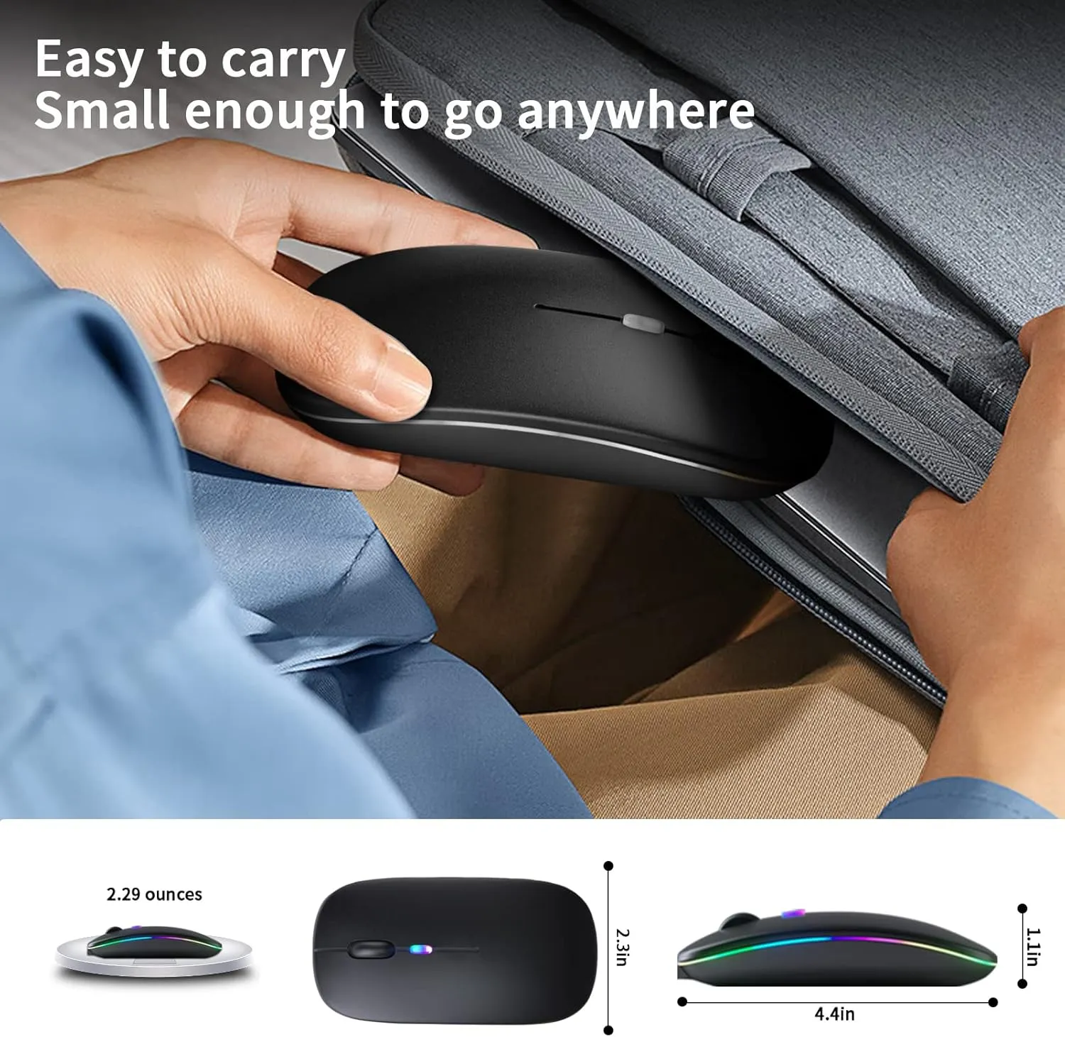 Wireless Bluetooth Mouse  Rechargeable, Silent, Dual Mode (Bluetooth 5.2 & USB) with LED Lights  Portable for Laptop, Desktop, & Tablet(Black)