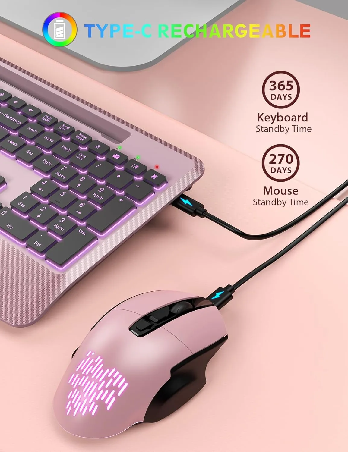 Wireless Keyboard and Mouse Backlits, Wrist Rest, Jiggler Mouse, Rechargeable Ergonomic Keyboard with Phone Holder, Silent Light Up Combo for Computer, Mac, PC, Laptop, Chromebook (Rose Gold)