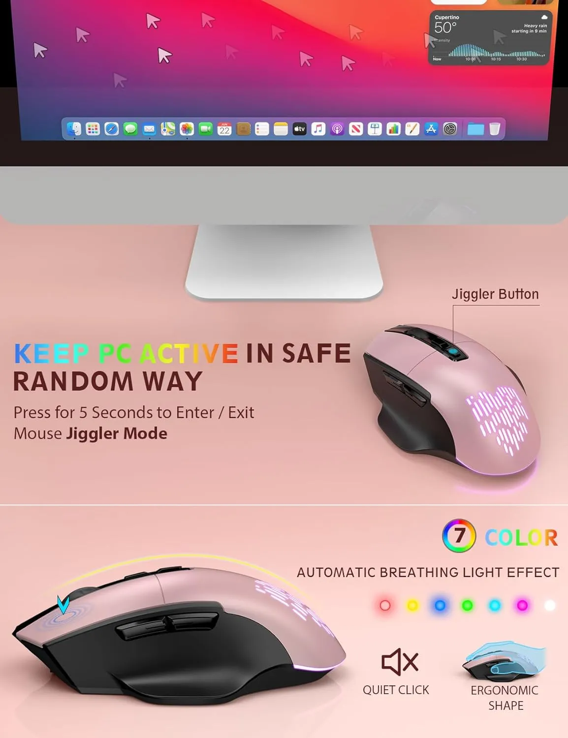 Wireless Keyboard and Mouse Backlits, Wrist Rest, Jiggler Mouse, Rechargeable Ergonomic Keyboard with Phone Holder, Silent Light Up Combo for Computer, Mac, PC, Laptop, Chromebook (Rose Gold)