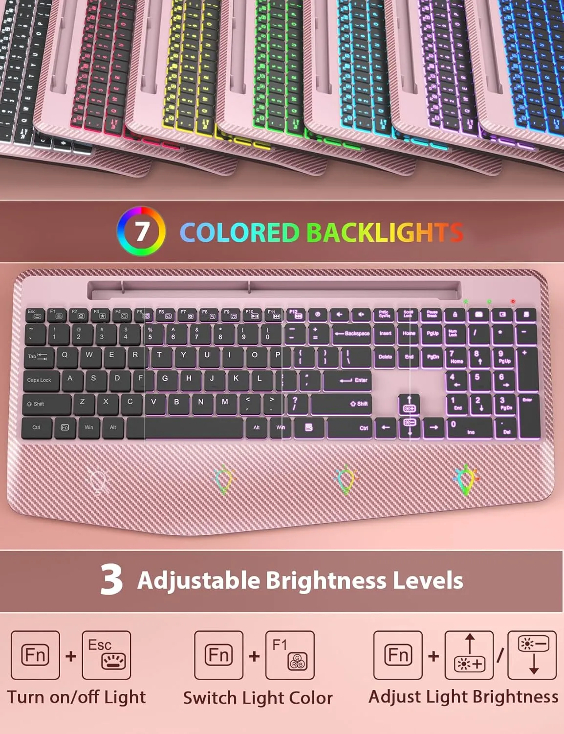 Wireless Keyboard and Mouse Backlits, Wrist Rest, Jiggler Mouse, Rechargeable Ergonomic Keyboard with Phone Holder, Silent Light Up Combo for Computer, Mac, PC, Laptop, Chromebook (Rose Gold)