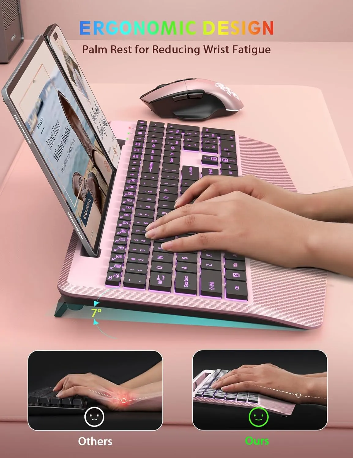 Wireless Keyboard and Mouse Backlits, Wrist Rest, Jiggler Mouse, Rechargeable Ergonomic Keyboard with Phone Holder, Silent Light Up Combo for Computer, Mac, PC, Laptop, Chromebook (Rose Gold)