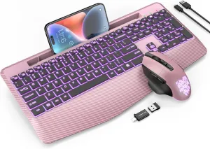 Wireless Keyboard and Mouse Backlits, Wrist Rest, Jiggler Mouse, Rechargeable Ergonomic Keyboard with Phone Holder, Silent Light Up Combo for Computer, Mac, PC, Laptop, Chromebook (Rose Gold)