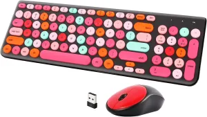 Wireless Keyboard and Mouse Combo, Retro Typewriter Wireless Keyboard with Round Keycaps, 2.4GHz USB Cute Wireless Keyboard Mouse for Computer, Desktop, Laptop and Computer (Black-Colorful)