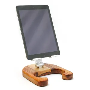 Wood and Aluminum Adjustable Teak Tablet Holder Stand - Compatible with Apple iPad, Samsung Galaxy and Kindle Fire Tablets